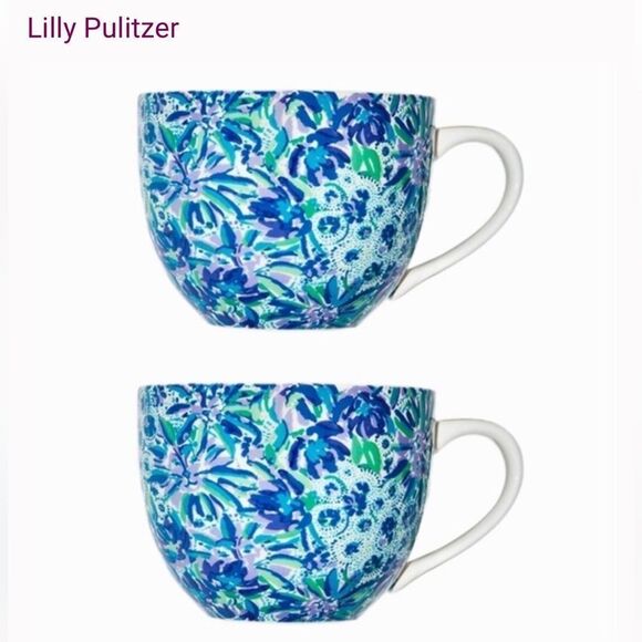 Lilly Pulitzer High Maintenance Blue Floral Set of Two Tea Coffee Mugs - Picture 4 of 13